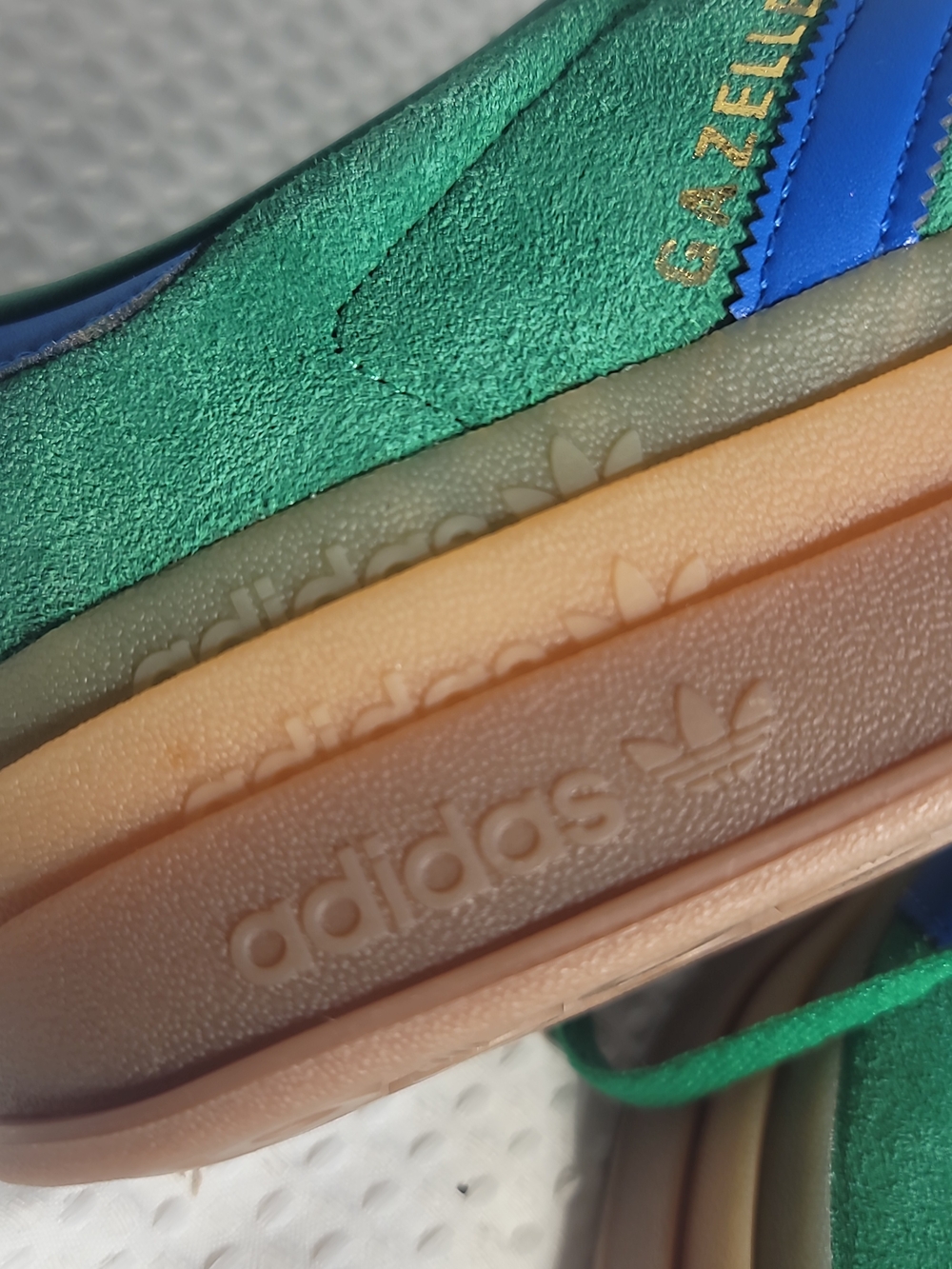 adidas Gazelle Green Suede Sneakers with Blue Stripes and Gum Sole - Picture 5 of 7